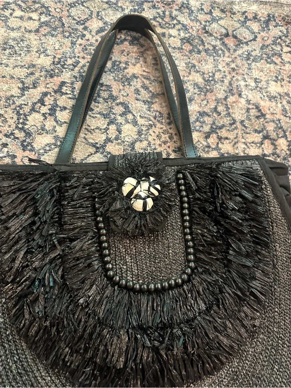 Felix Rey Black Fringe Straw Tote with Seashell Closure beach bag/tote bag